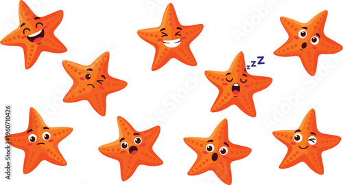 Cute cartoon starfish characters collection with funny facial expressions marine sea life colorful vector illustration set