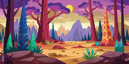 A vibrant digital illustration of a mountain range silhouette set against a golden sunset sky