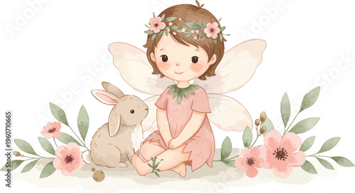 Cute Fairy Girl with Bunny and Flowers Pastel Nursery Fantasy Illustration for Kids