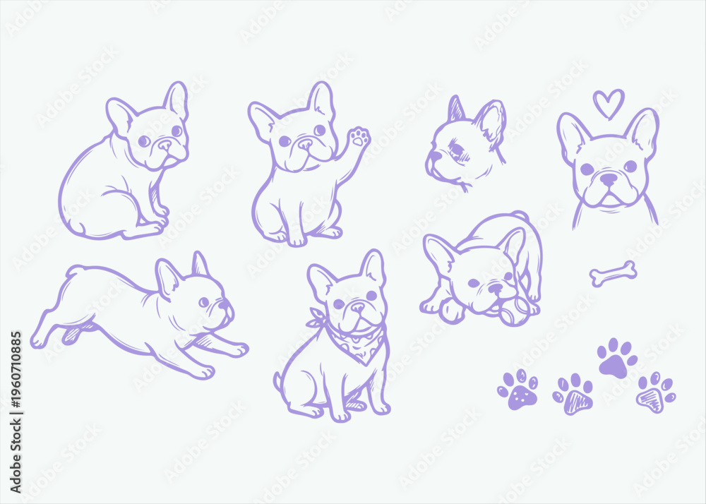 Obraz premium French Bulldog Icon Set Vector Illustration - Minimalist Purple Line Art Collection of Cute Frenchie Poses, Paw Prints, and Bone for Pet Branding and Stickers