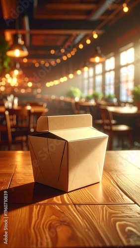 A cardboard takeout box on a wooden table in a restaurant