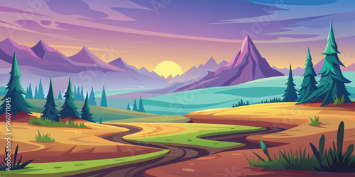 A serene landscape illustration featuring layers of blue mountains fading into the morning mist