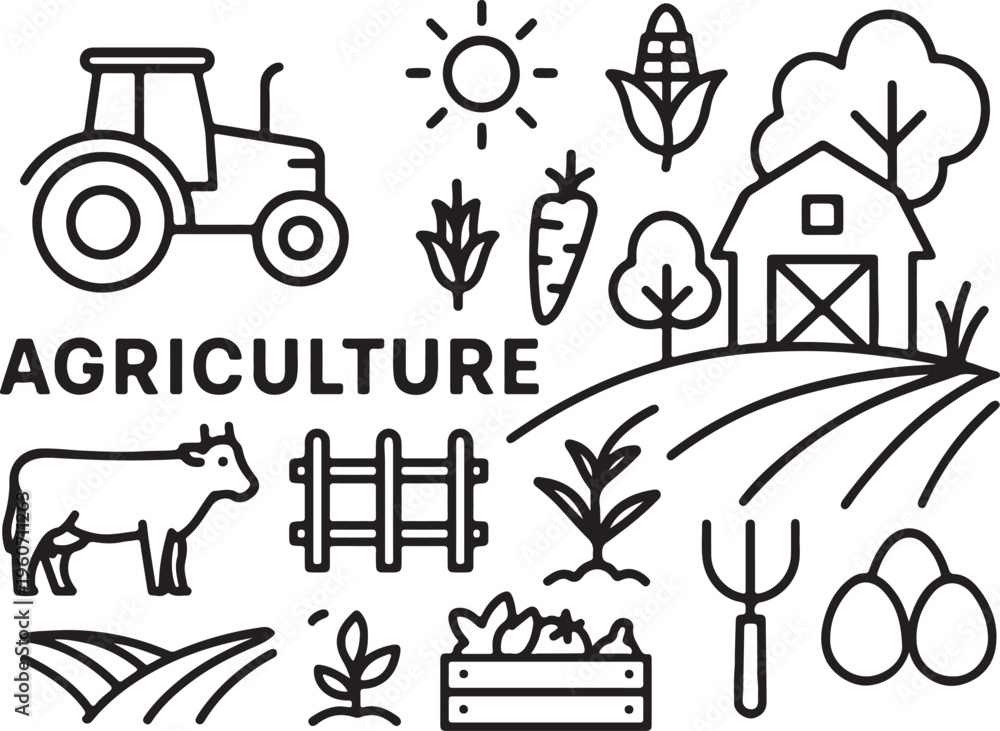 Fototapeta premium Hand-drawn seed sharing and community gardening icons set in a black and white doodle style, illustrating concepts of swapping, planting, sustainability, and ecology