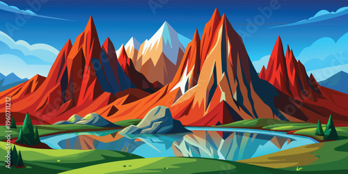 A minimalist vector illustration showing layers of mountain ranges during a vibrant sunset scene