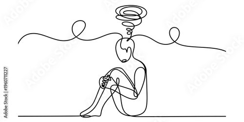 A single continuous line drawing depicting a person feeling deep sadness and mental confusion today