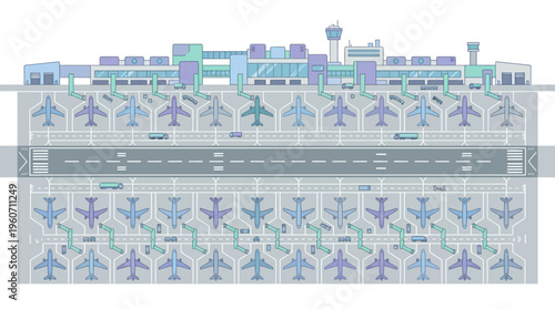 Modern airport operations illustration: aerial view of planes, runway, and terminal, symbolizing global travel efficiency.