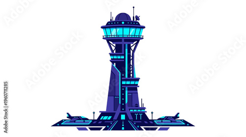 Futuristic control tower managing modern aircraft at an advanced airport. A vibrant vector illustration of future transportation.