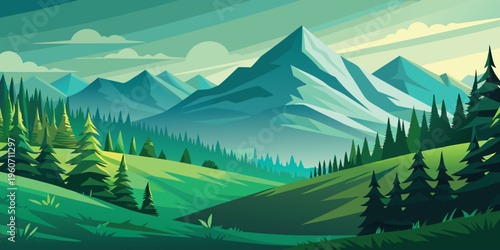A vibrant digital illustration of layered mountain ranges under a warm sunset sky with soft clouds