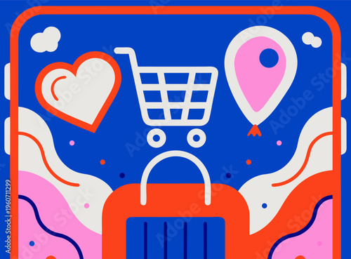 Digital Shopping Cart Mobile Screen With E-commerce Elements