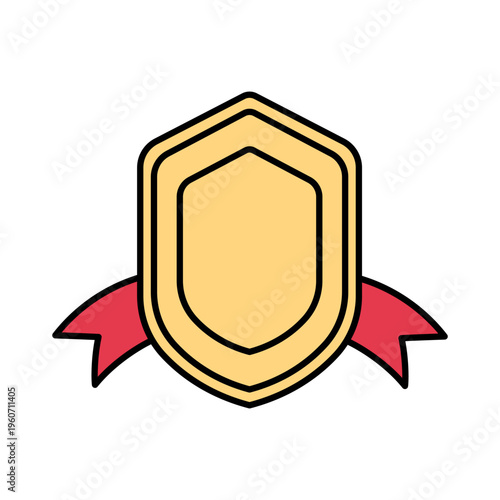 Gold shield with red ribbon, gold order, medal in doodle style illustration for award ceremony design. Vector