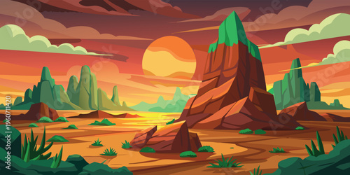 A vibrant digital illustration of layered mountain ranges under a sunset with purple hues