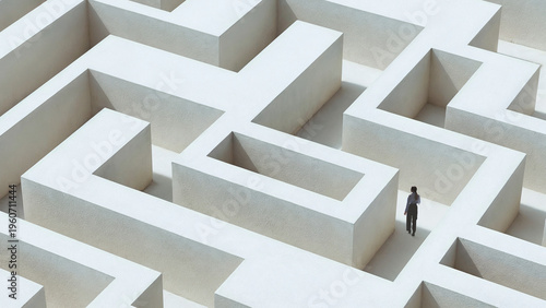 Minimal white abstract maze with single person walking representing clarity and direction. Concept of simple navigation, clear decision making, focused thinking process, finding right path.