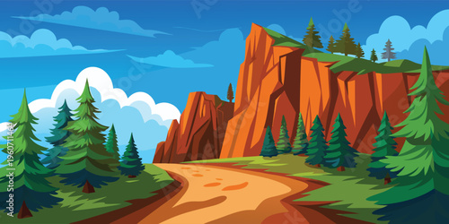 A serene flat vector illustration of majestic mountains reflecting over a calm lake at sunset time