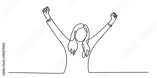 Foto A continuous line drawing of a person celebrating with their arms raised high in