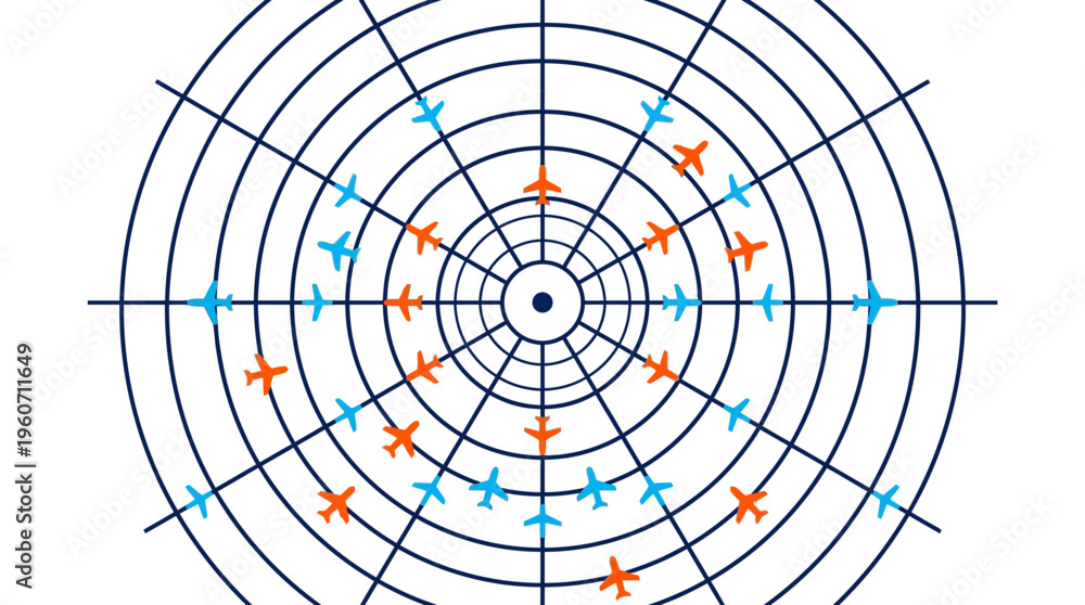 Obraz premium Digital radar screen display showing multiple aircraft navigating controlled airspace, illustrating modern air traffic management and aviation technology concept.