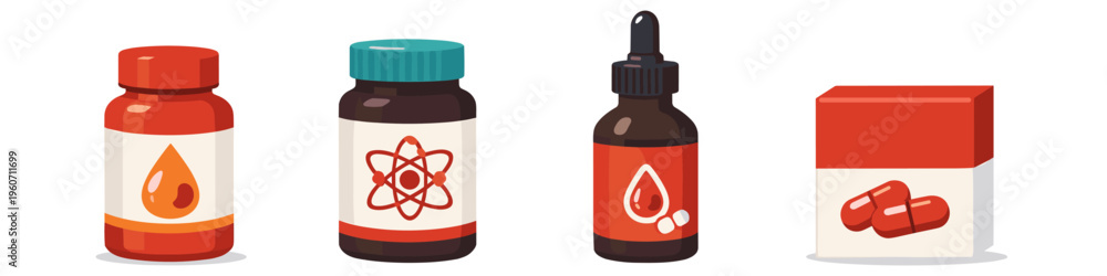 Obraz premium Collection of stylized pharmaceutical packaging and supplements with medical symbols