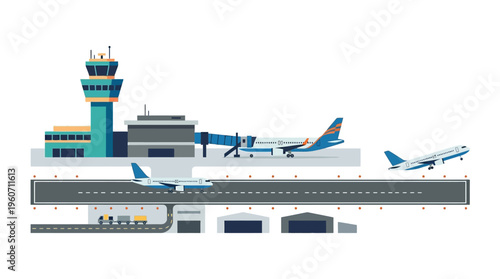 Vibrant airport scene illustration showcasing air travel activity: planes taking off, parked, with terminal and tower.