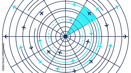 Dynamic aviation radar display concept illustrating air traffic management with multiple aircraft navigating controlled airspace efficiently.