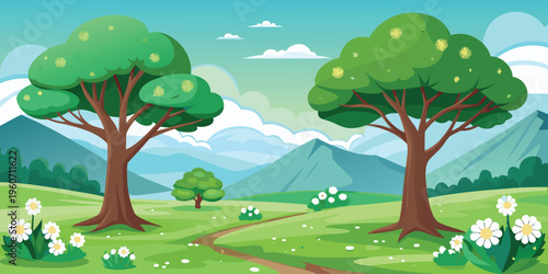 A serene digital illustration of majestic mountain ranges layered behind a lush pine tree forest