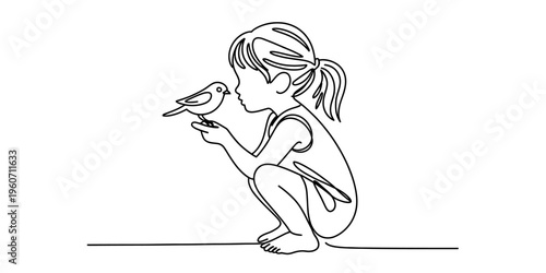 A single continuous line drawing of a young girl gently holding a small bird in her cupped hands