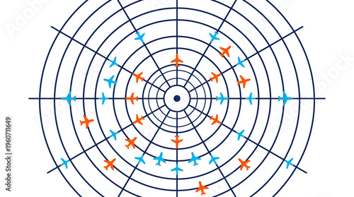 Digital radar screen display showing multiple aircraft navigating controlled airspace, illustrating modern air traffic management and aviation technology concept.