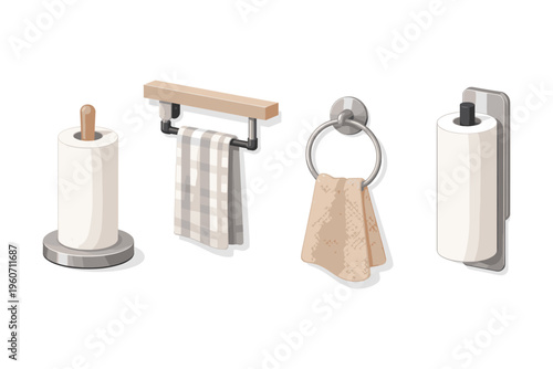 Collection of kitchen and bathroom towel holders with paper towels
