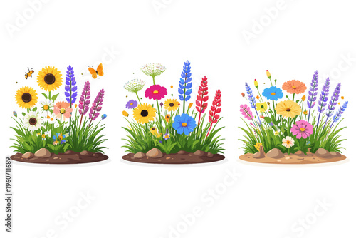 Vibrant wildflower arrangements with butterflies and bees in a garden setting