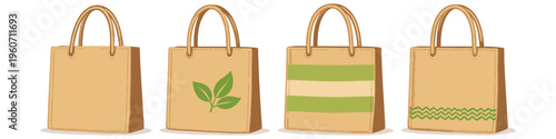 Collection of four eco-friendly shopping bags with different designs and patterns