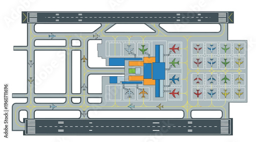 Illustration of an airport layout, detailing runways, taxiways, terminal buildings, and a fleet of passenger aircraft.