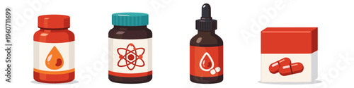 Collection of stylized pharmaceutical packaging and supplements with medical symbols