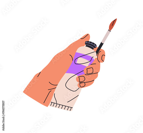 Human hand with paint tube and brush. Artist holding violet acrylic dye and paintbrush. Art stationery for painting. Drawing tools in palm. Flat isolated vector illustration on white background