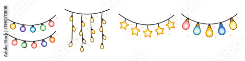 Collection of festive string lights in various shapes and colors for decoration