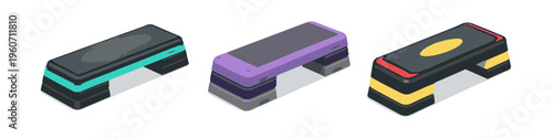Three colorful aerobic step platforms for fitness and exercise routines