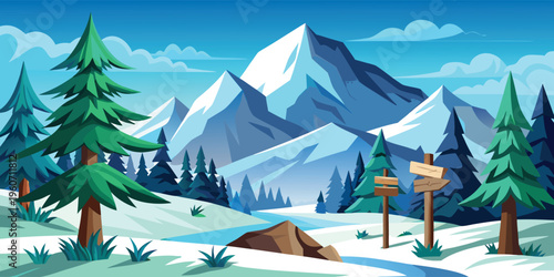 A serene minimalist landscape illustration featuring majestic mountain ranges at a sunset horizon