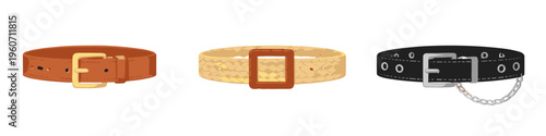 Collection of three distinct belts with various buckle styles and materials