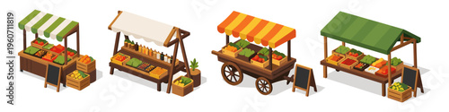 Collection of isometric market stalls displaying fresh produce and goods