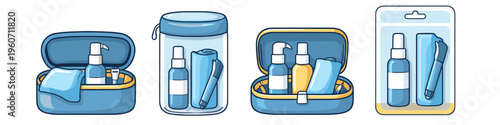 Travel toiletry kits with bottles and cloths in various containers