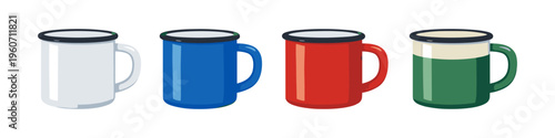 Collection of four enamel camping mugs in different colors on a white background