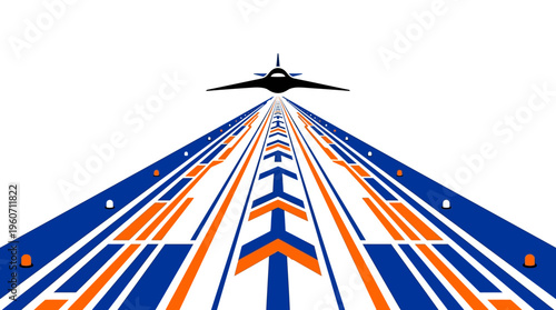 Dynamic graphic illustration of a futuristic aircraft taking off from an abstract, high-speed runway, symbolizing progress and advanced travel