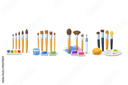 Collection of art supplies including brushes, paints, and a sponge