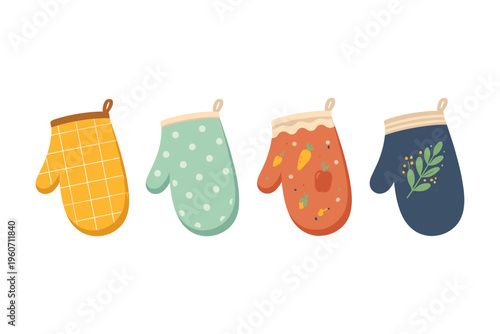 Set of four colorful oven mitts with different patterns and designs