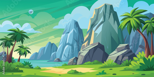 A minimalist flat vector illustration of a majestic mountain range at a beautiful glowing sunset