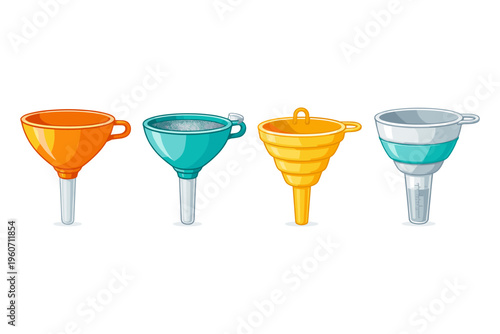 Collection of four colorful funnels for various liquid transfer tasks