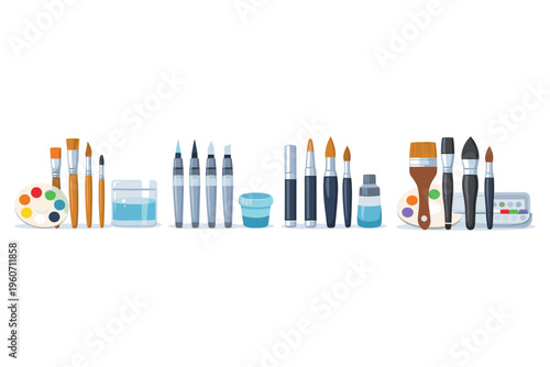 Collection of art supplies including brushes, palettes, water jars, and ink bottles