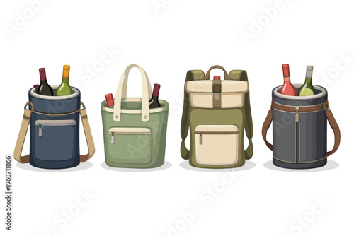 Collection of insulated bags and a backpack designed for carrying wine bottles