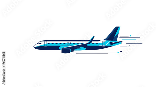 Dynamic illustration of a sleek passenger airplane in swift flight, depicted from a side view, symbolizing rapid global travel and modern transportation efficiency.