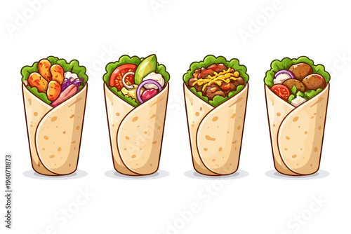 Four delicious and diverse cartoon style wraps with fresh ingredients