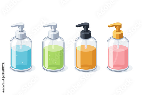 Four colorful liquid soap dispensers in a row, isolated on white background