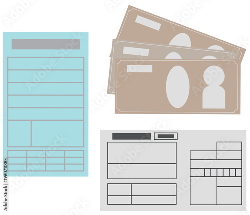 自動車や自転車の交通反則金の青切符と納付書と現金のイメージイラスト