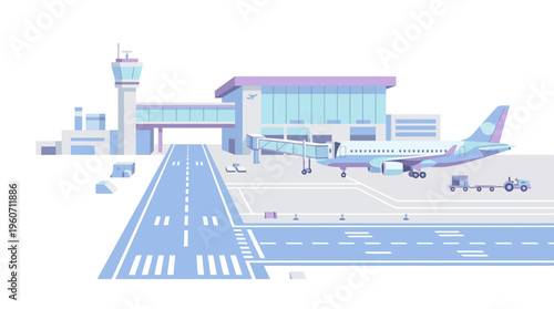 Futuristic airport terminal with a passenger jet at the gate, preparing for departure. Modern air travel vector illustration.